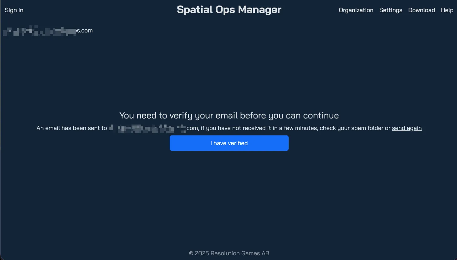 Email verification prompt with an "I have verified" button