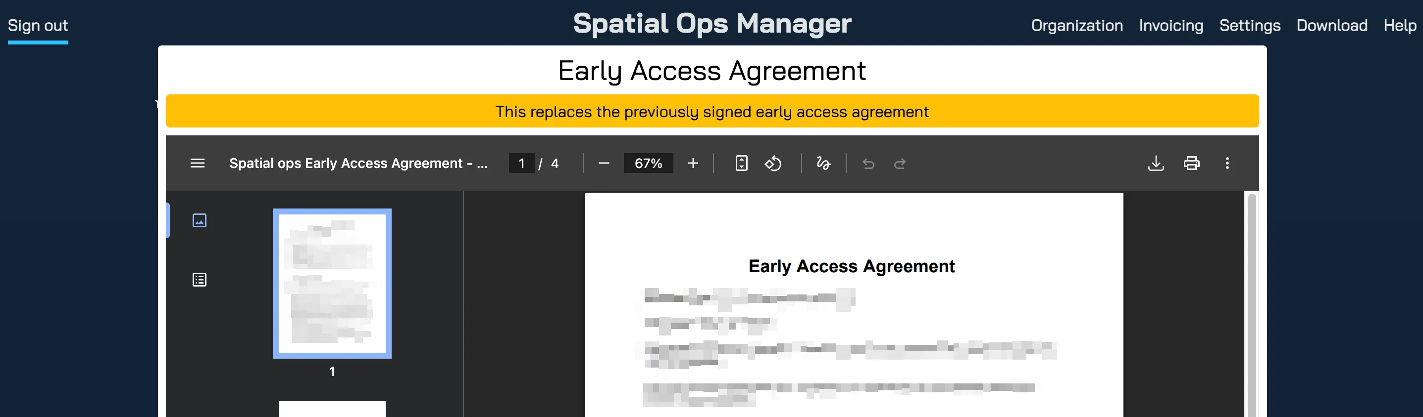 Early Access Agreement shown in embedded PDF viewer