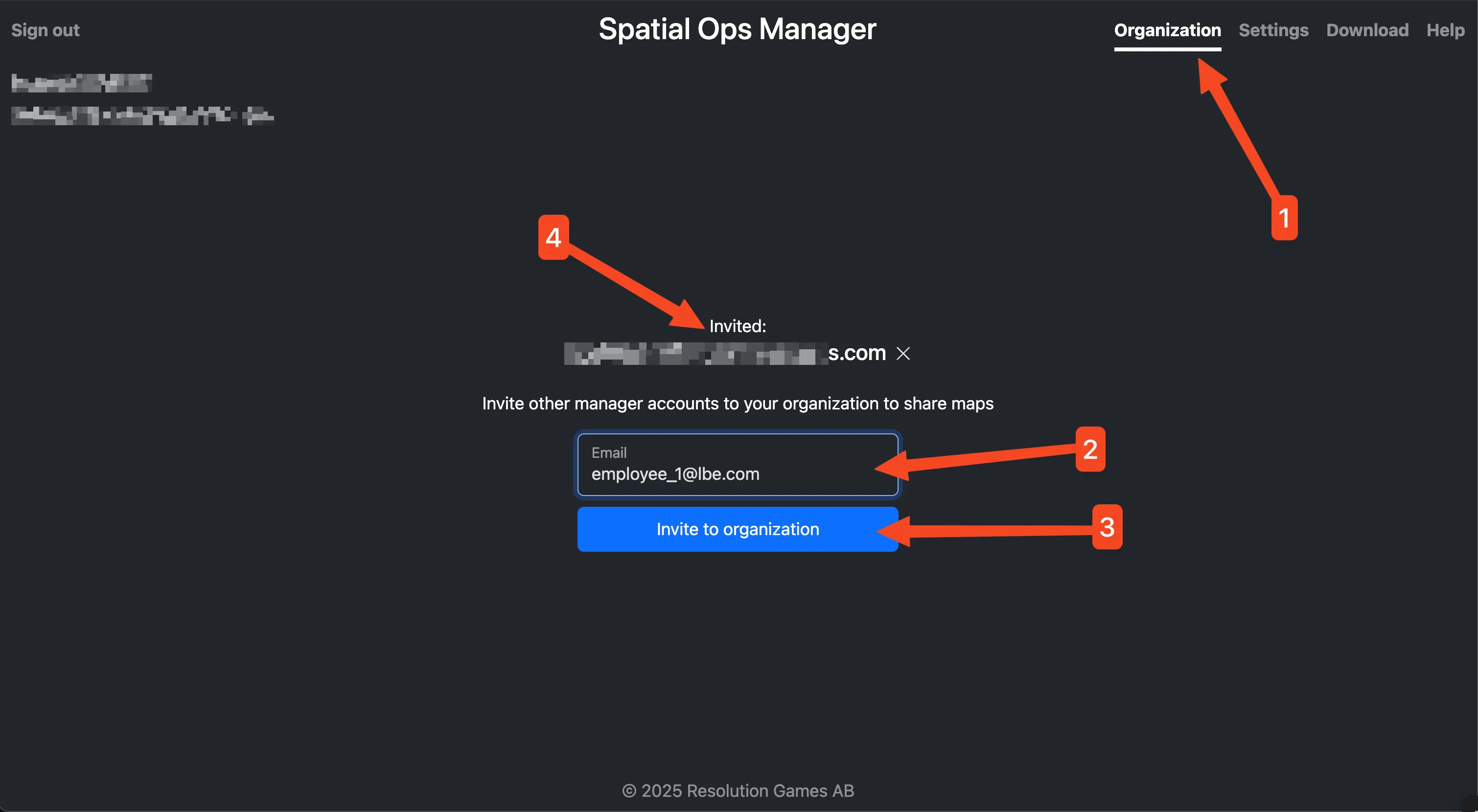 Organization invite flow with numbered steps for the Organization tab, email field, and Invite button