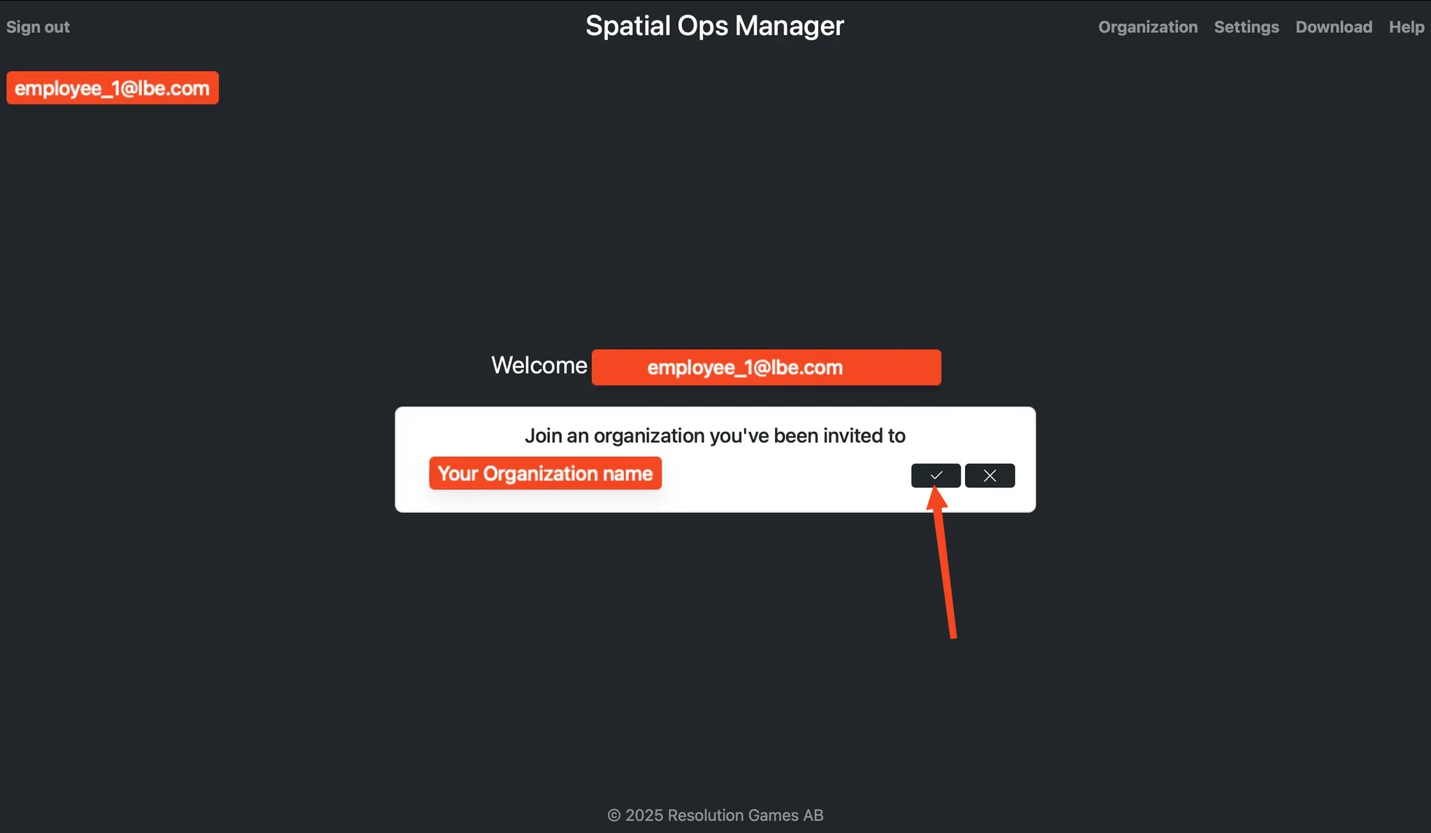 Invited user's dashboard with a "Join an organization you've been invited to" prompt