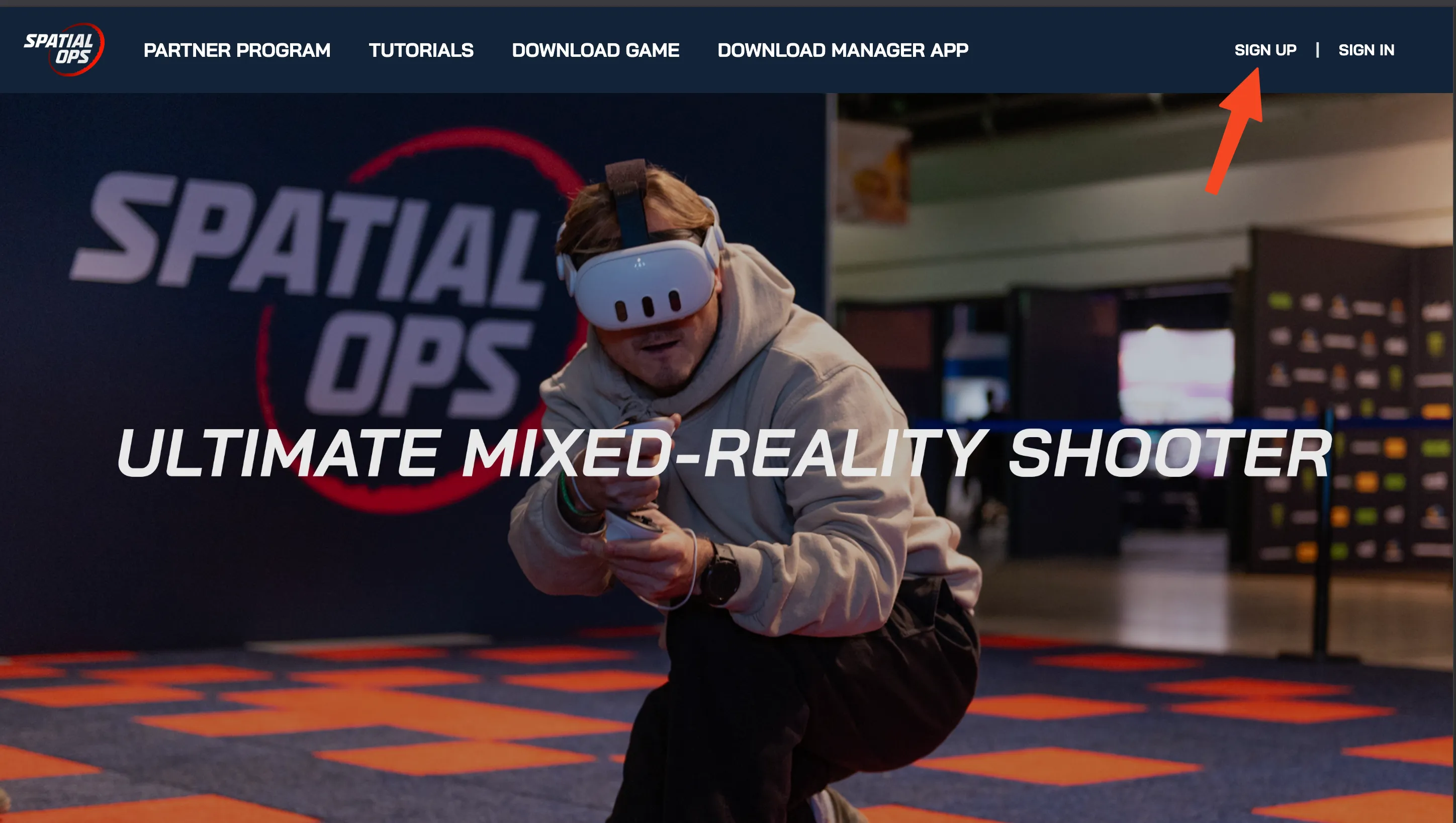 Spatial Ops homepage with Sign Up button highlighted
